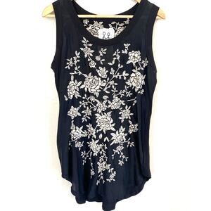 Johnny Was MIA Embroidered Tank Top Womens Size Small Silk Floral Black White